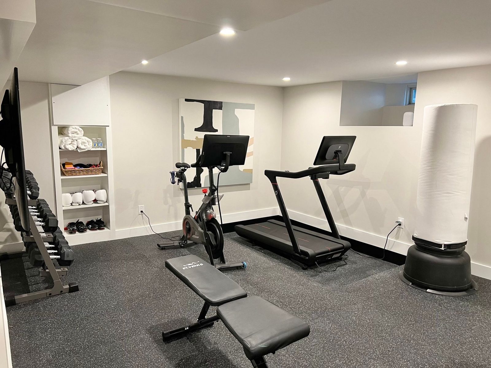 Basement home gym with treadmill, exercise bike, weights and a wall screen